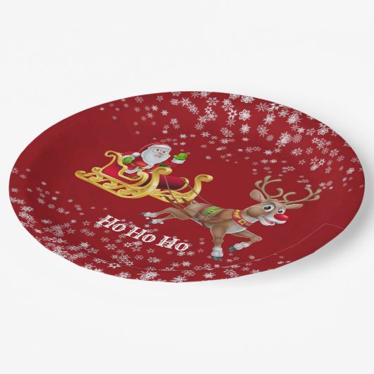 Kids Santa Christmas Rentier Sleigh Snowflake Rot Pappteller (Schrägansicht)