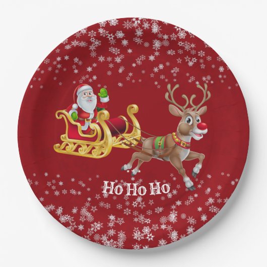 Kids Santa Christmas Rentier Sleigh Snowflake Rot Pappteller (Vorderseite)