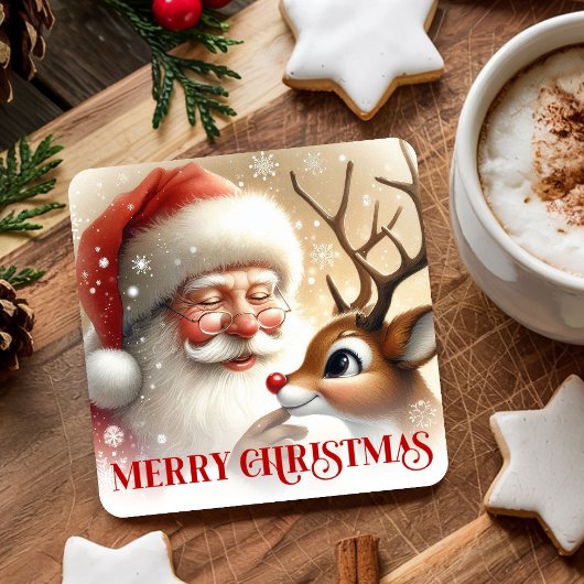 Kids Santa Rudolph Cute Christmas Paper Coaster   Rechteckiger Pappuntersetzer