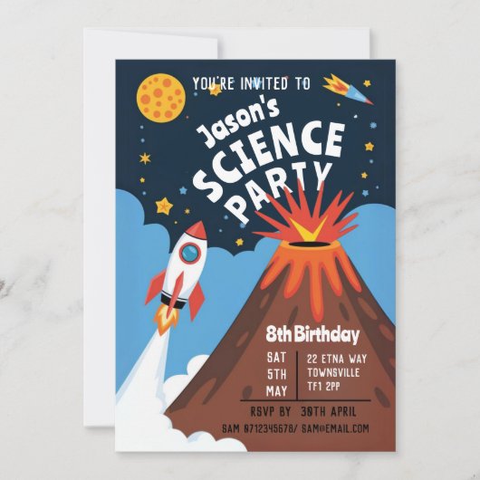 Kid's Science Party Rocket Volcano Scientist Child Einladung (Vorderseite)