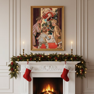 Kids See Mom Kissing Santa Claus Vintage Poster