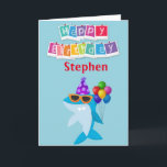 Kids Shark Personalisiert Custom Geburtstag Karte<br><div class="desc">Dieses Design wurde mithilfe von digitaler Kunst erstellt und kann in dem Bereich personalisiert sein, der zur Verfügung gestellt wird, oder indem Sie den Klick wählen, um weitere Optionen anzupassen und den Namen, die Initialen oder die Wörter zu ändern. Sie können auch die Textfarbe und den Textstil ändern oder den...</div>