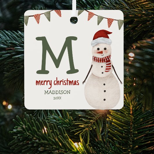 Kids Snowman Monogram Christmas Tree Ornament Aus Metall