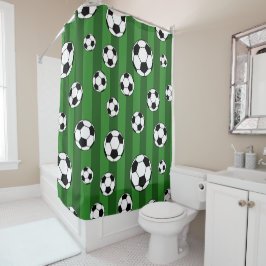 Kids Soccer Ball Pattern on Green Stripes Bathroom Duschvorhang