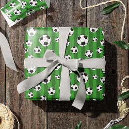 Kids Soccer Ball Pattern on Green Stripes Birthday Geschenkpapier