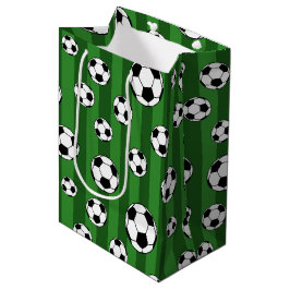 Kids Soccer Ball Pattern on Green Stripes Birthday Mittlere Geschenktüte