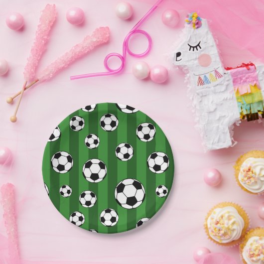 Kids Soccer Ball Pattern on Green Stripes Birthday Pappteller (Party)