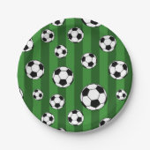 Kids Soccer Ball Pattern on Green Stripes Birthday Pappteller (Vorderseite)