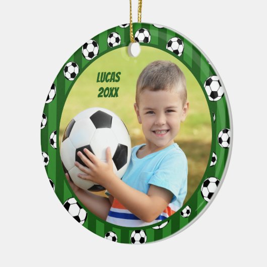 Kids Soccer Ball Pattern Two Photo Christmas Keramik Ornament (Links)