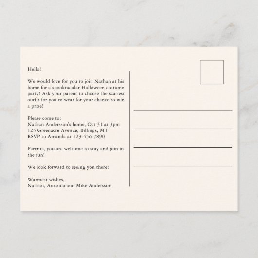 Kids Spooktacular Halloween Costume Party Einladungspostkarte (Rückseite)