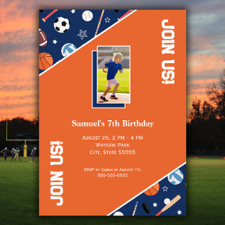 Kids Sports Equipment Pattern Photo Birthday Party Einladung