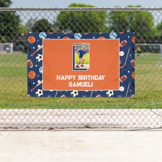 Kids Sports Pattern Blue & Orange Birthday Photo Banner (Insitu)