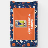 Kids Sports Pattern Blue & Orange Birthday Photo Banner (Vertikal)