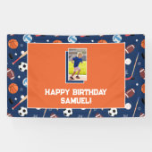 Kids Sports Pattern Blue & Orange Birthday Photo Banner (Horizontal)