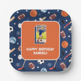 Kids Sports Pattern Blue & Orange Birthday Photo Pappteller