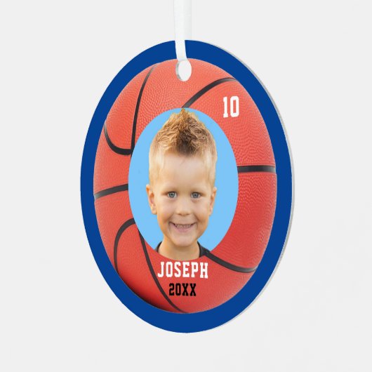 Kids Sporty Blue Foto Basketball Ornament Aus Metall (Vorderseite links)