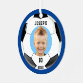 Kids Sporty Blue Foto Soccer Ornament Aus Metall (Vorderseite links)