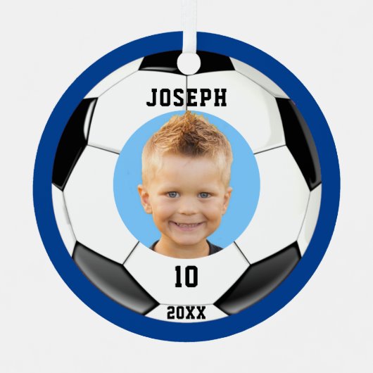 Kids Sporty Blue Foto Soccer Ornament Aus Metall (Vorderseite)