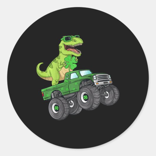 Kids St Patricks Day T Rex Reiten Monster Truck Di Runder Aufkleber (Vorderseite)