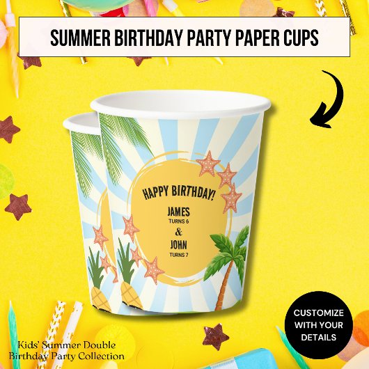 Kids Summer Double Birthday Celebration Paper Cups Pappbecher