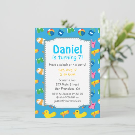 Kids Summer Splash Birthday Pool Party Einladung (Stehend Vorderseite)