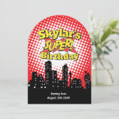 Kids Superhero Party Einladung - RIP 20 Beerdigung (Stehend Vorderseite)