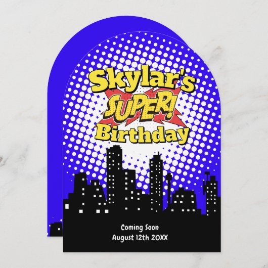 Kids Superhero Party Einladung - RIP 20 Beerdigung (Vorne/Hinten)