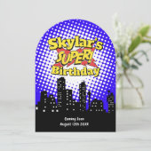 Kids Superhero Party Einladung - RIP 20 Beerdigung (Stehend Vorderseite)