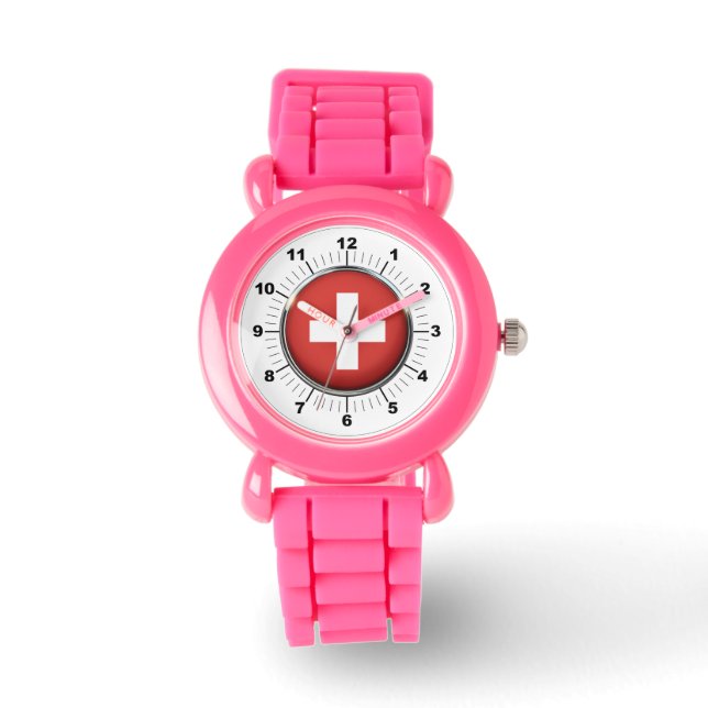 Kid's Switzerland Flag Rosa Glitzer Strap Watch Armbanduhr (Vorderseite)