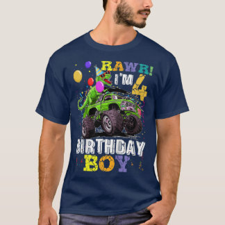 Kids T Rex Dinosaur Monster Truck 4th Birthday Boy T-Shirt