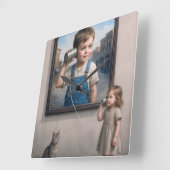 Kids Talking On a Retro Tin Can Telephone Quadratische Wanduhr (Winkel)