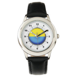 Kid's Ukraine Flag Black Leather Strap Watch Armbanduhr