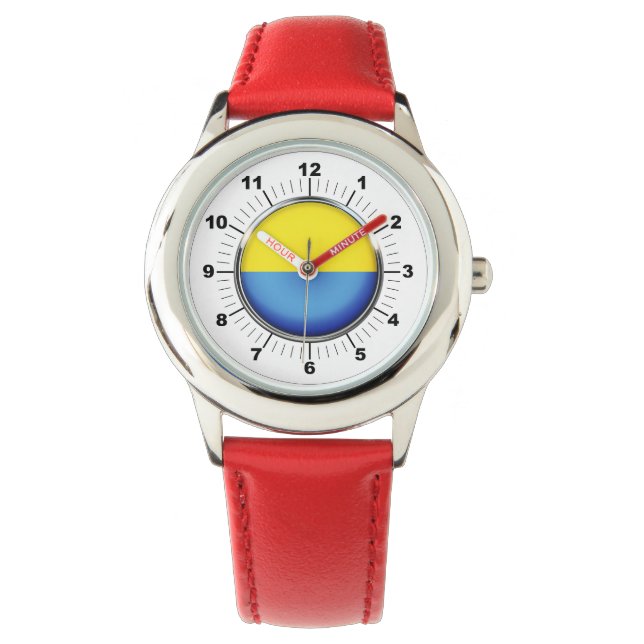 Kid's Ukraine Flag Red Leather Strap Watch Armbanduhr (Vorderseite)