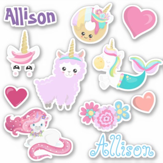 Kids Unicorn Freunde Personalisiertes Fun Set Aufkleber (Vorderseite)