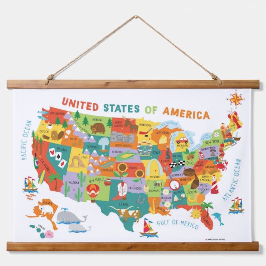 Kids US Map Wall Wandteppich Mit Holzrahmen (Vorne)