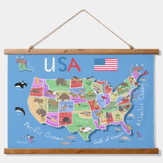 Kids US Map Wall Wandteppich Mit Holzrahmen (Vorne)