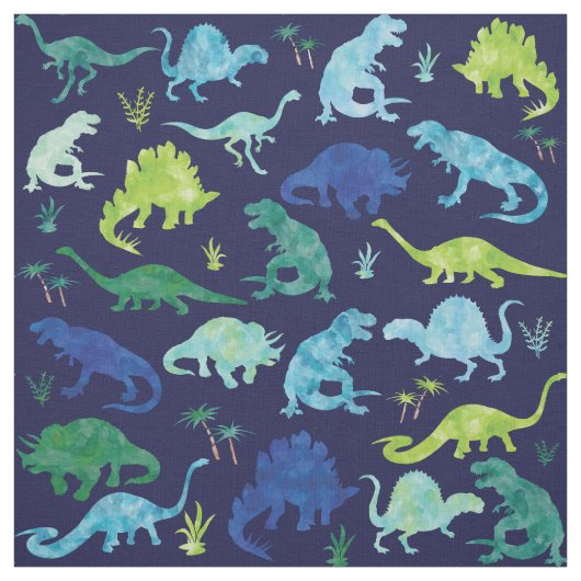 Kids Watercolor Dinosaur Silhouette Pattern Blue Stoff (Muster)