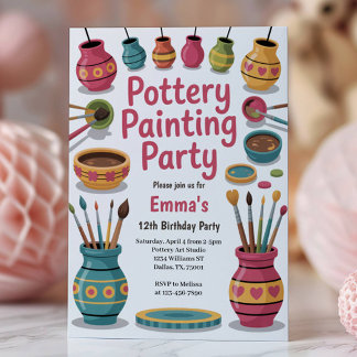 Kids Watercolor Pottery Painting Birthday Party Einladung