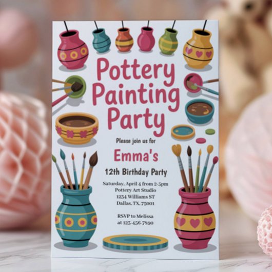Kids Watercolor Pottery Painting Birthday Party Einladung