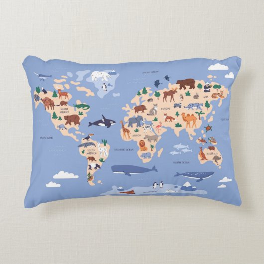 Kids World Map Niedlich Whimsical Modern Dekokissen (Vorderseite)