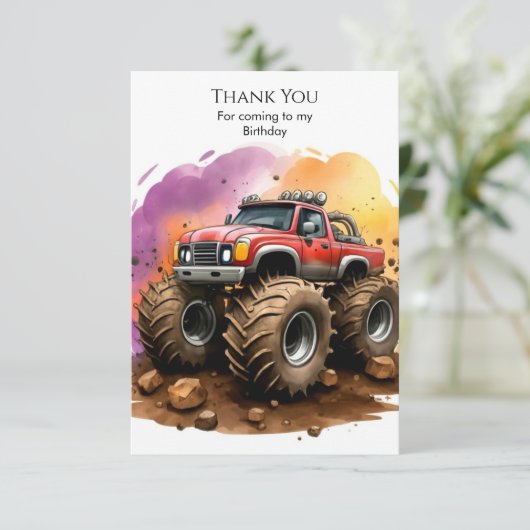 Kids's Watercolor Monster Truck Birthday Dankeskarte (Stehend Vorderseite)
