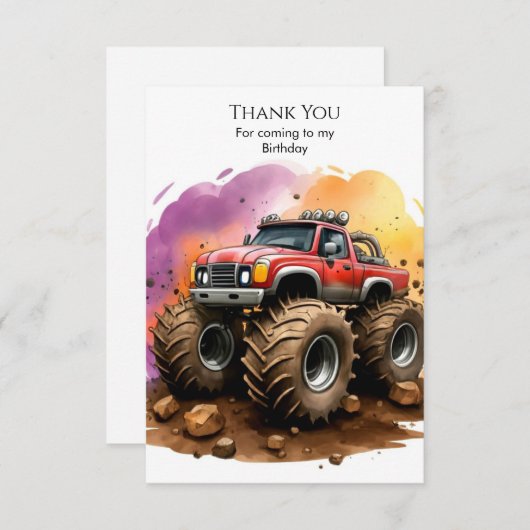 Kids's Watercolor Monster Truck Birthday Dankeskarte (Vorne/Hinten)