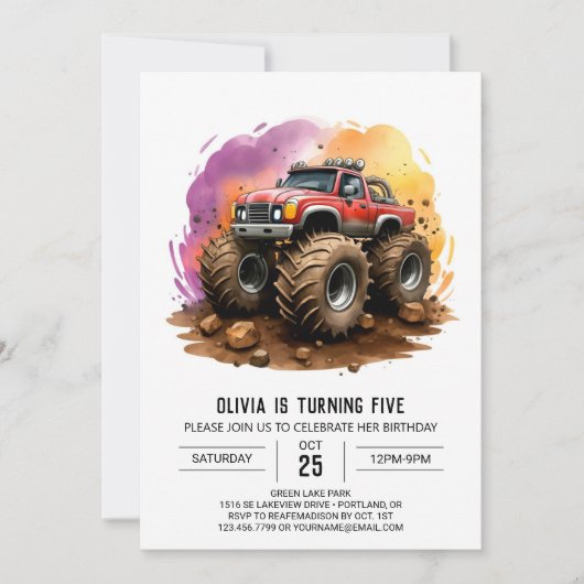 Kids's Watercolor Monster Truck Birthday Einladung (Vorderseite)