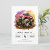 Kids's Watercolor Monster Truck Birthday Einladung (Stehend Vorderseite)