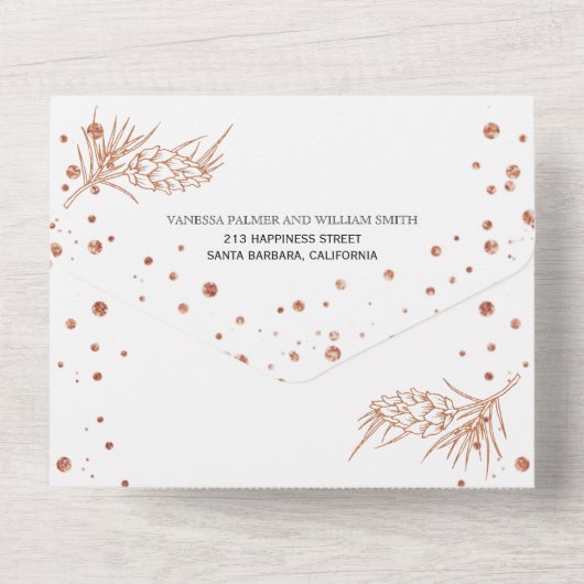 Kiefer aus Kupfer, Konfetti-Glitzer All In One Einladung (Rückseite)