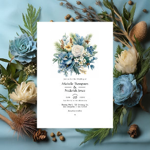 Kiefer, Messing und pastellblaue Blumige Winterhoc Einladung