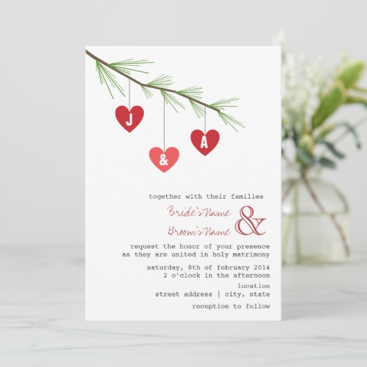 Kiefern-Ast u. Herzen, die Einladung Wedding sind (Stehend Vorderseite)
