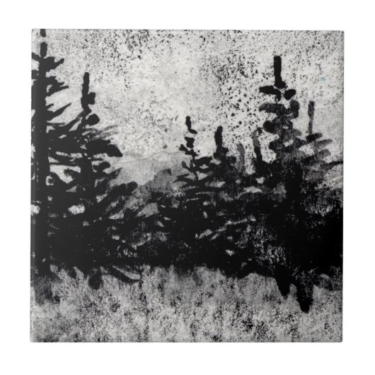 Kiefern in schwarz-weißer Farbe Fliese (Vorderseite)