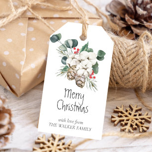 Kiefern mit Zapfen, Winterbeeren, Baumwollknospen Geschenkanhänger