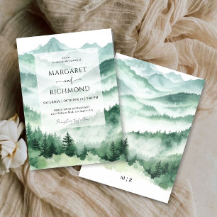 Kiefern-Rustikale-Aquarell-Berg-Hochzeit Einladung